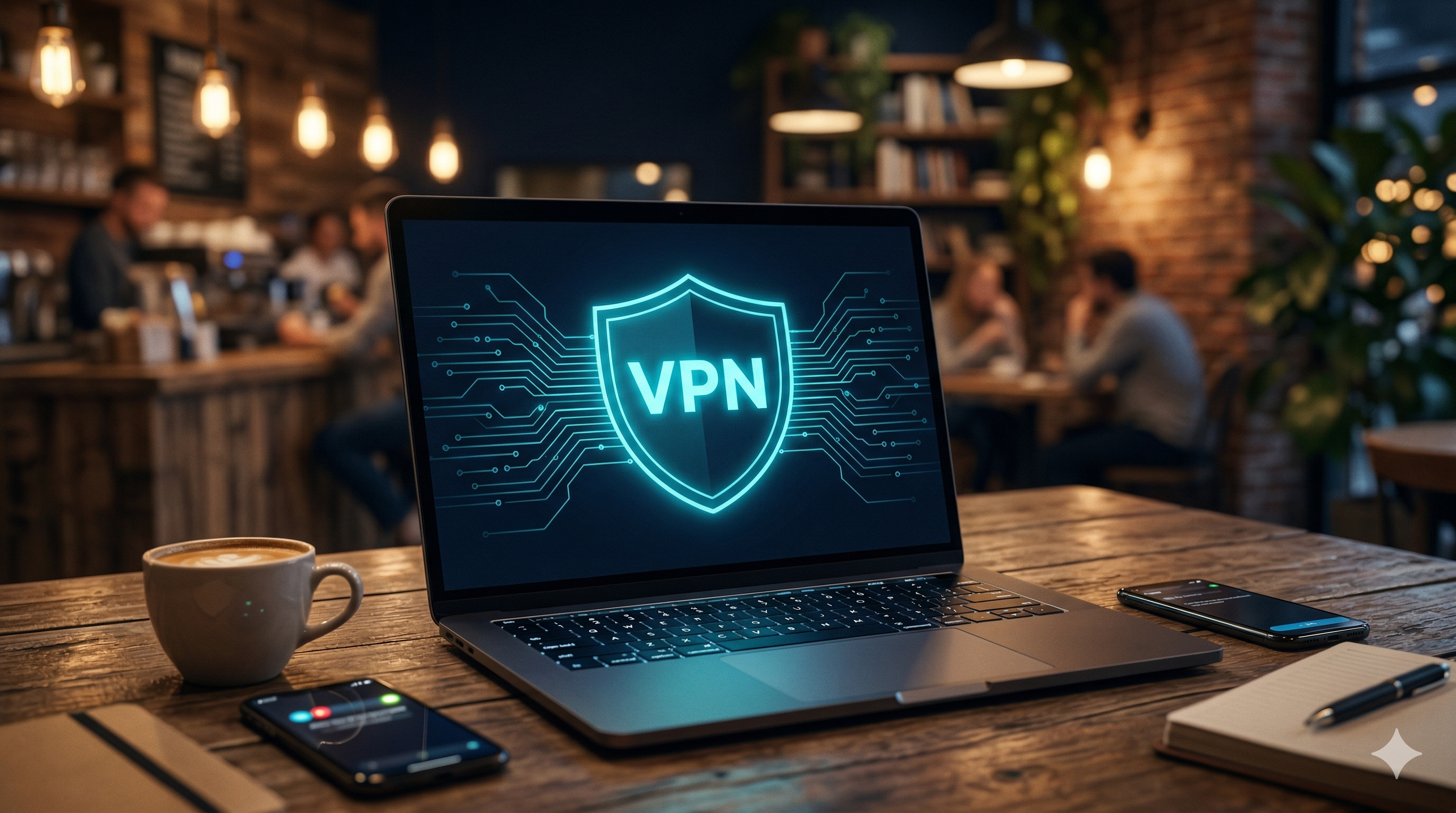 Laptop with VPN shield icon on screen in a coffee shop setting