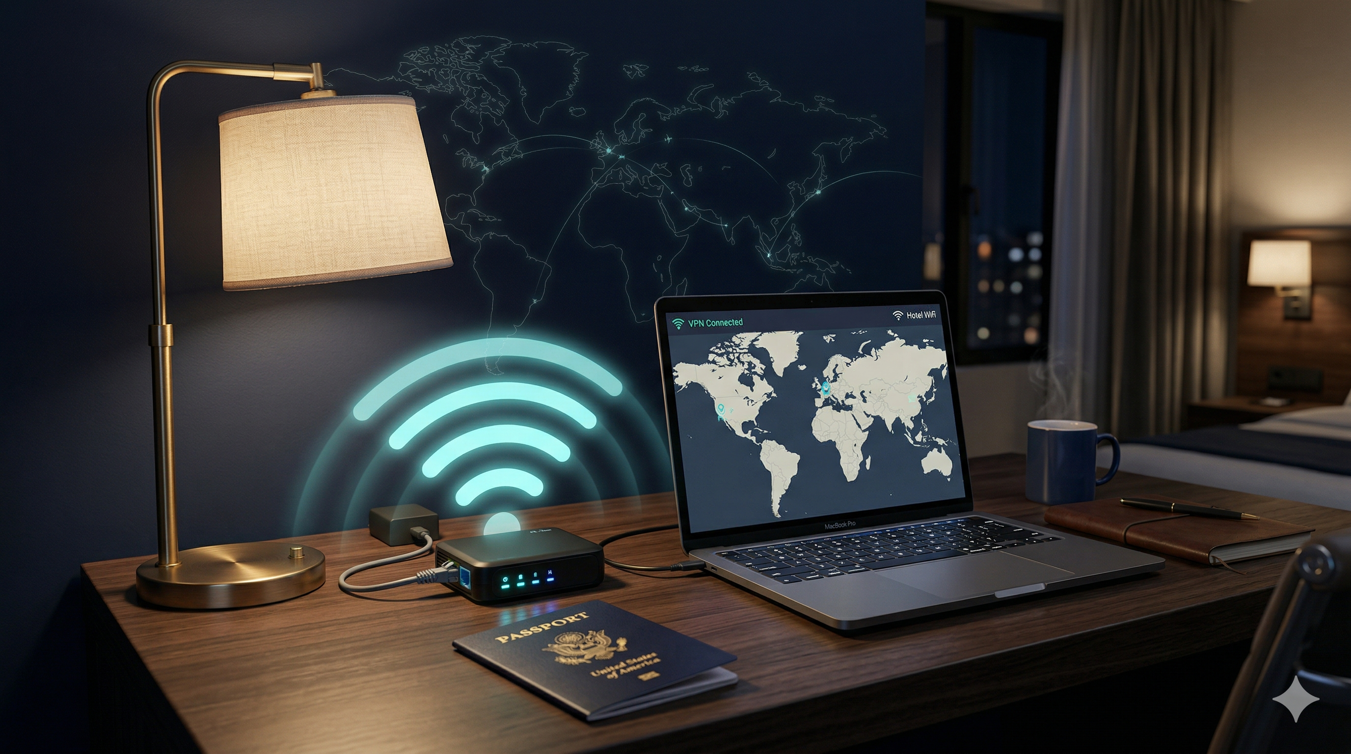 Compact travel router on a hotel desk next to a laptop