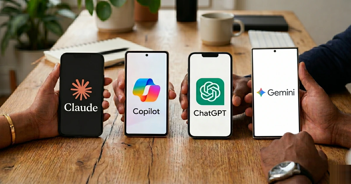 Four phones displaying Claude, Copilot, ChatGPT, and Gemini side by side